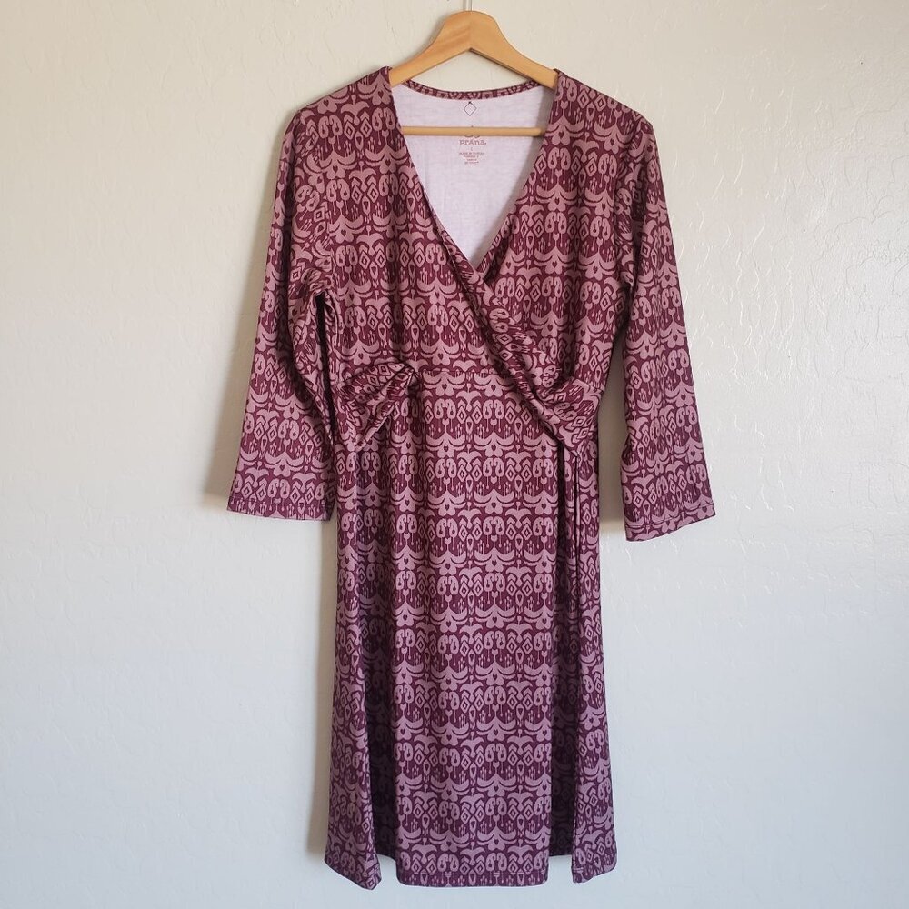 PrAna Twist Faux Wrap Printed V-Neck Dress 3/4 Sleeves Burgundy Sz Large Stretch